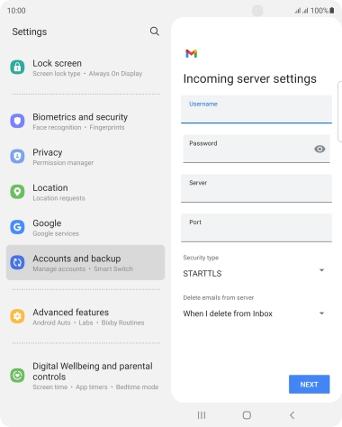 Press the field below 'Server' and key in the name of your email provider's incoming server.