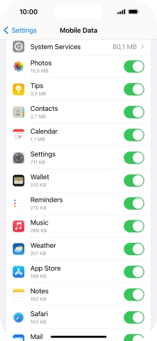Press the indicators next to the required applications to turn the function on or off.
