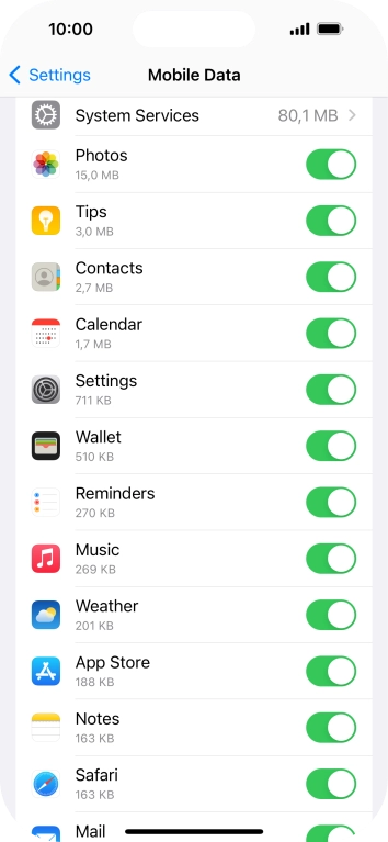 Press the indicators next to the required applications to turn the function on or off.