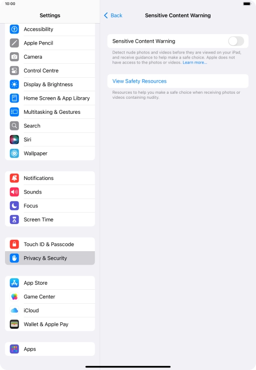 Press the indicator next to 'Sensitive Content Warning' to turn the function on or off.