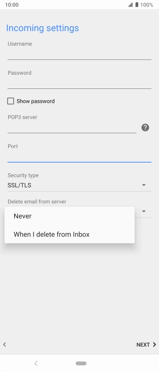 Press Never to keep emails on the server when you delete them on your phone.
