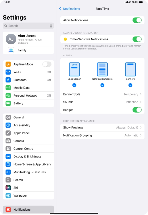 Press the indicator next to 'Allow Notifications' to turn notifications for the selected application on or off. Press the indicator next to 'Allow Notifications' to turn notifications for the selected application on or off.