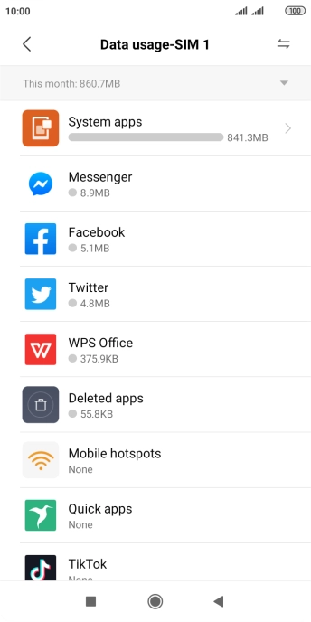 The data usage for each application is displayed below the name of the application.