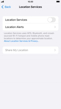 Press the indicator next to 'Location Services' to turn the function on or off.