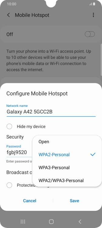 Press WPA2-Personal to password protect your WiFi hotspot.