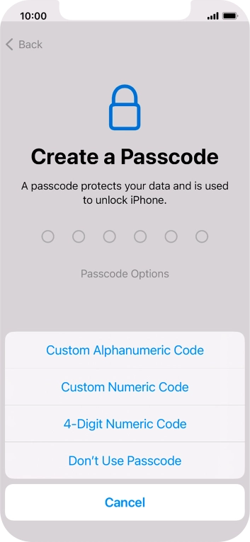 Follow the instructions on the screen to turn on the phone lock code or press Don't Use Passcode.