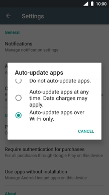 To turn on automatic update of apps using mobile network, press Auto-update apps at any time. Data charges may apply..