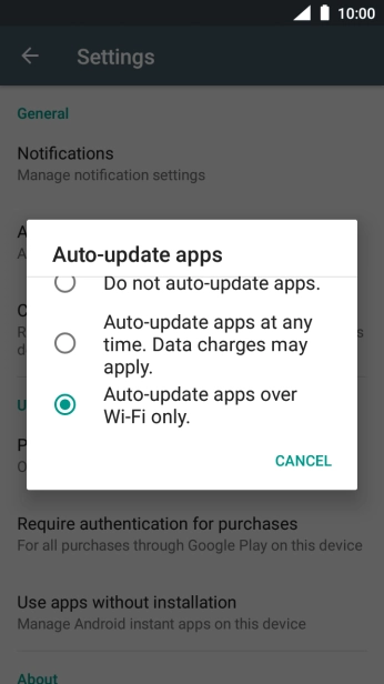 To turn on automatic update of apps using mobile network, press Auto-update apps at any time. Data charges may apply..