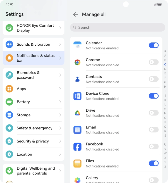 Press the indicators next to the required apps to turn the function on or off. Press the indicators next to the required apps to turn the function on or off.