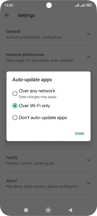 To turn on automatic update of apps using mobile network, press Over any network. To turn on automatic update of apps using mobile network, press Over any network.