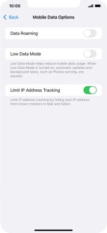 Press the indicator next to 'Data Roaming' to turn the function on or off.