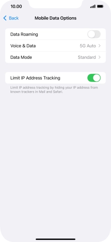 Press the indicator next to 'Data Roaming' to turn the function on or off.