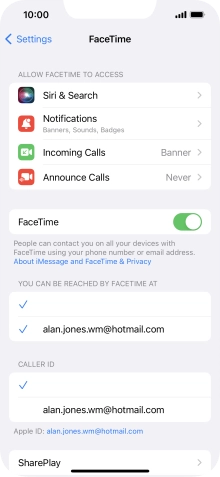 Press the indicator next to 'FaceTime' to turn the function on or off.