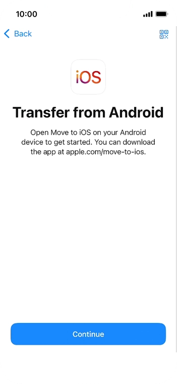 To transfer content to your phone, you need to install the app 'Move to iOS' on the Android phone. When the app is installed, press Continue.