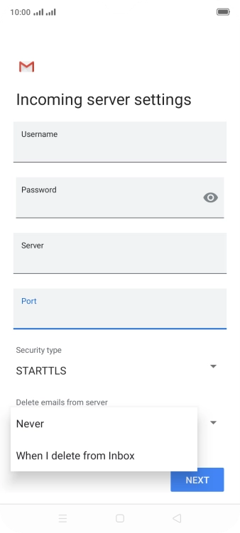 Press Never to keep emails on the server when you delete them on your phone.