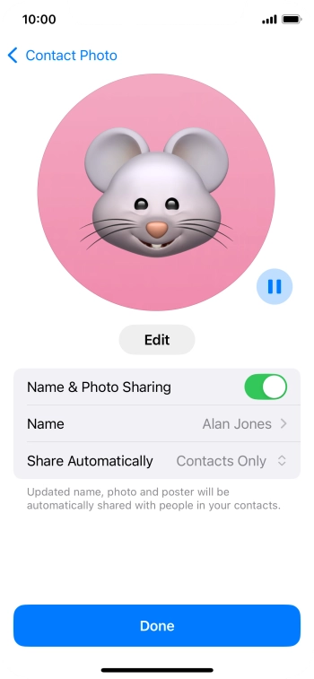Press the indicator next to 'Name & Photo Sharing' to turn the function on or off.