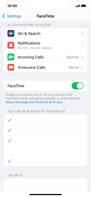 Press the indicator next to 'FaceTime' to turn the function on or off. Press the indicator next to 'FaceTime' to turn the function on or off.