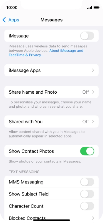 Press the indicator next to 'iMessage' to turn on the function.