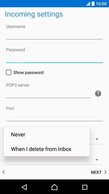 Press Never to keep emails on the server when you delete them on your phone. Press Never to keep emails on the server when you delete them on your phone.