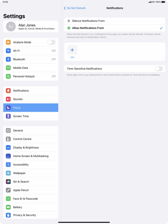 Press the indicator next to 'Time-Sensitive Notifications' to turn display of timed notifications on or off when Do Not Disturb is turned on.