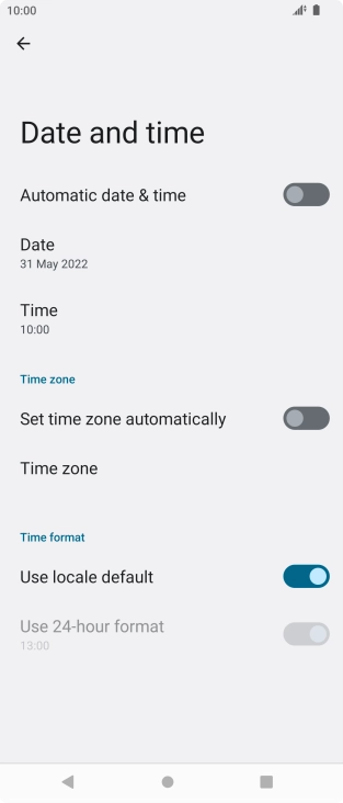 Press the indicator next to 'Automatic date & time' to turn on the function.