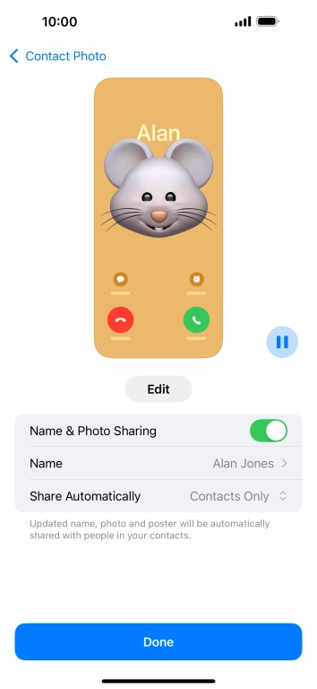 Press the indicator next to 'Name & Photo Sharing' to turn the function on or off.