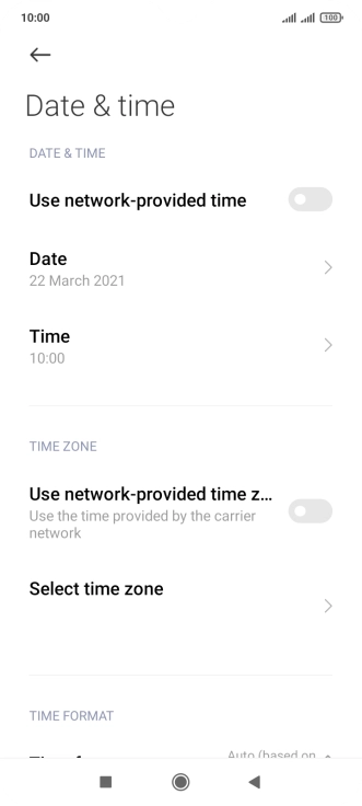 Press the indicator next to 'Use network-provided time' to turn on the function.