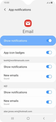 Press the indicator next to 'Show notifications' below the required email account to turn the function on or off.