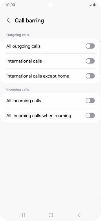 Press the indicator next to the required barring type to turn the function on or off.