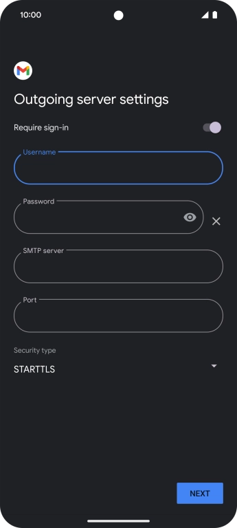 Press the field below 'Password' and key in the password of your email provider's outgoing server. Press the field below 'Password' and key in the password of your email provider's outgoing server.