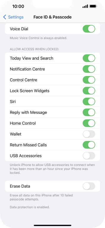 Press the indicator next to 'Erase Data' to turn the function on or off.