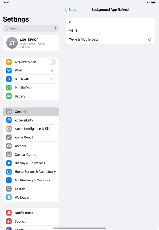 To turn off background refresh of apps, press Off. To turn off background refresh of apps, press Off.