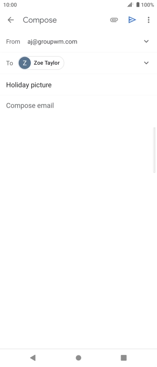Press the text input field and write the text for your email. Press the text input field and write the text for your email.