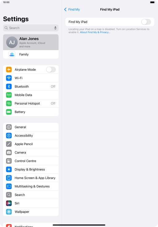 Press the indicator next to 'Find My iPad' to turn on the function.