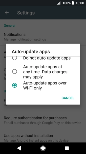 To turn on automatic update of apps using mobile network, press Auto-update apps at any time. Data charges may apply..