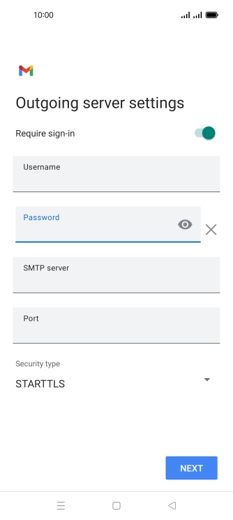 Press the field below 'SMTP server' and key in the name of your email provider's outgoing server. Press the field below 'SMTP server' and key in the name of your email provider's outgoing server.