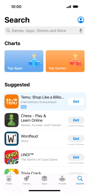 Press the search field and key in the name or subject of the required app.