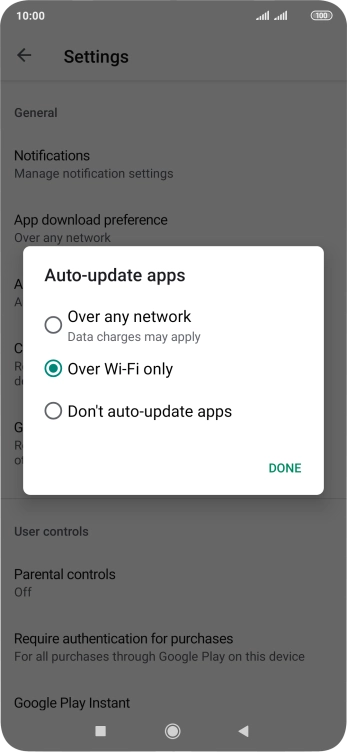 To turn on automatic update of apps using mobile network, press Over any network.