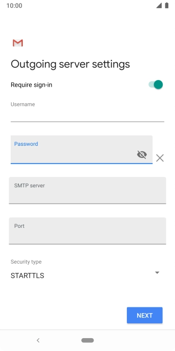 Press the field below 'SMTP server' and key in the name of your email provider's outgoing server. Press the field below 'SMTP server' and key in the name of your email provider's outgoing server.