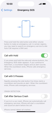 Press the indicator next to 'Call After Serious Crash' to turn on the function.