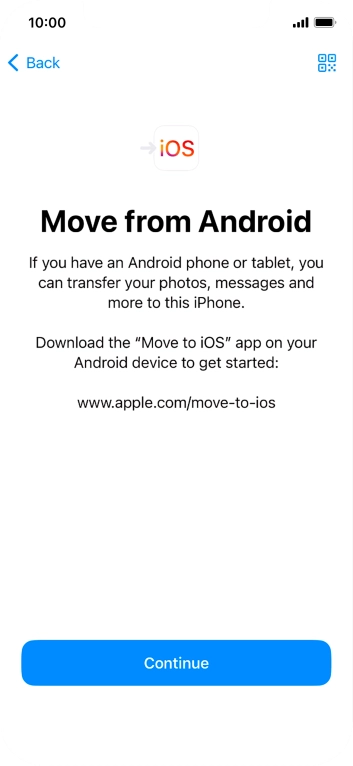 To transfer content to your phone, you need to install the app 'Move to iOS' on the Android phone. When the app is installed, press Continue.