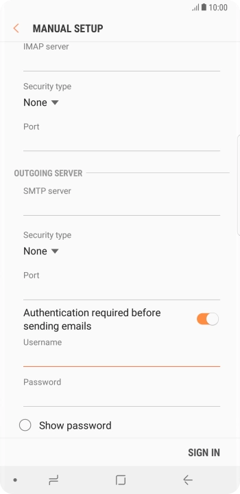 Press the field below 'Password' and key in the password of your email provider's outgoing server.