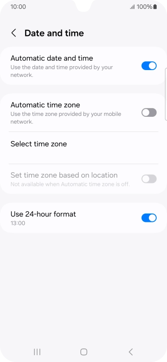 Press the indicator next to 'Automatic time zone' to turn on the function.