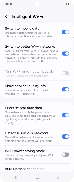 Press the indicator next to 'Switch to mobile data' to turn the function on or off. Press the indicator next to 'Switch to mobile data' to turn the function on or off.