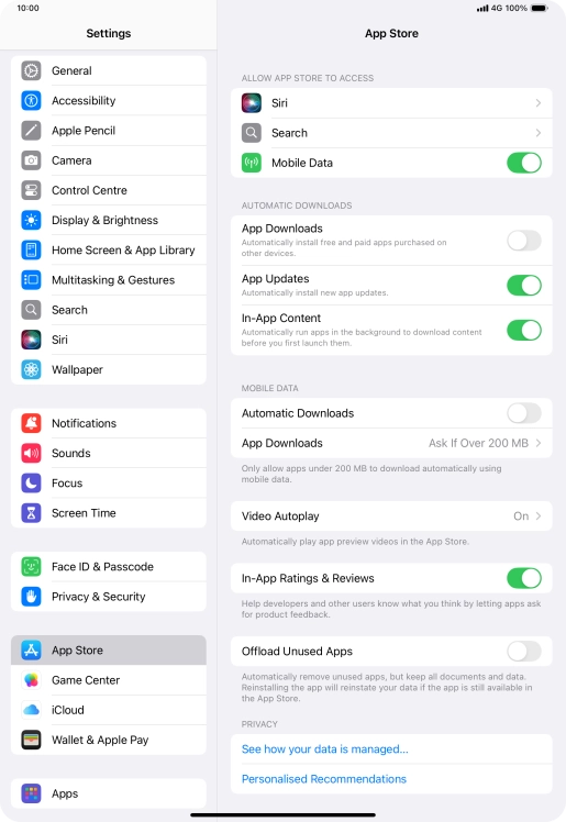 Press the indicator next to 'App Downloads' to turn the function on or off.