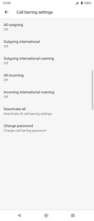 Press the required barring type to turn the function on or off.