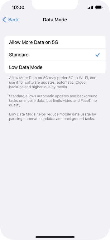 Press the required setting.