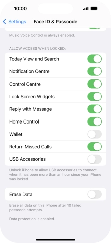 Press the indicator next to 'Erase Data' to turn the function on or off.