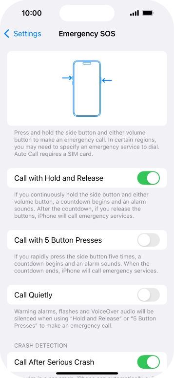 Press the indicator next to 'Call After Serious Crash' to turn on the function.