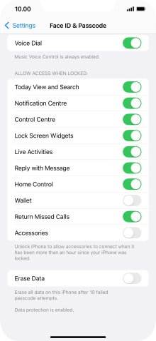 Press the indicator next to 'Erase Data' to turn the function on or off.